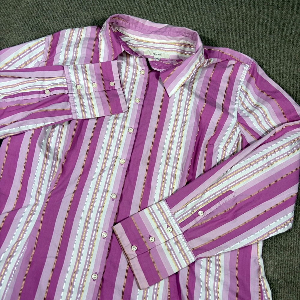 Merona Shirt Womens 2XL Purple White Striped Casual Long Sleeve Collar Button Up